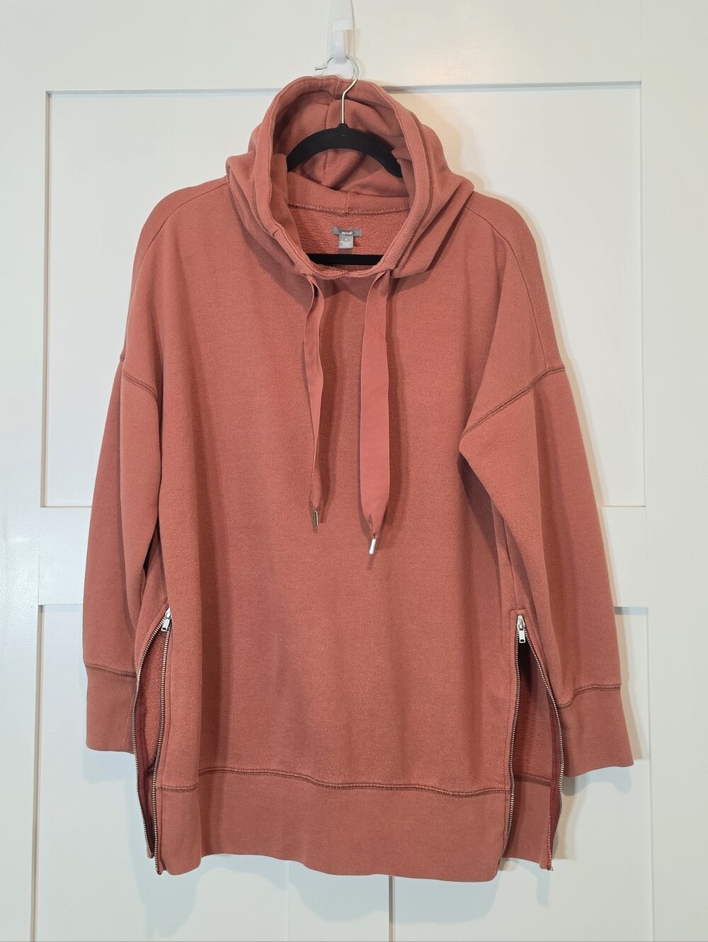 Aerie Oversized Split Zip Hem Ribbon Drawstring Hoodie Rusty Orange Stretch Med